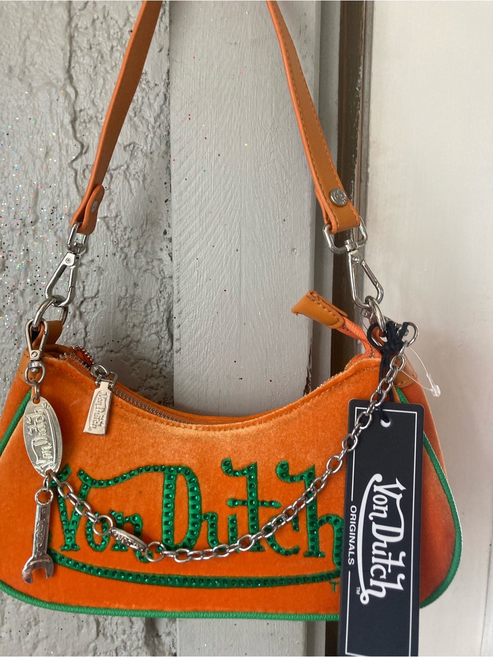Von Dutch Orange Velvet Mini Shoulder Bag with Green Logo and Chain Charm